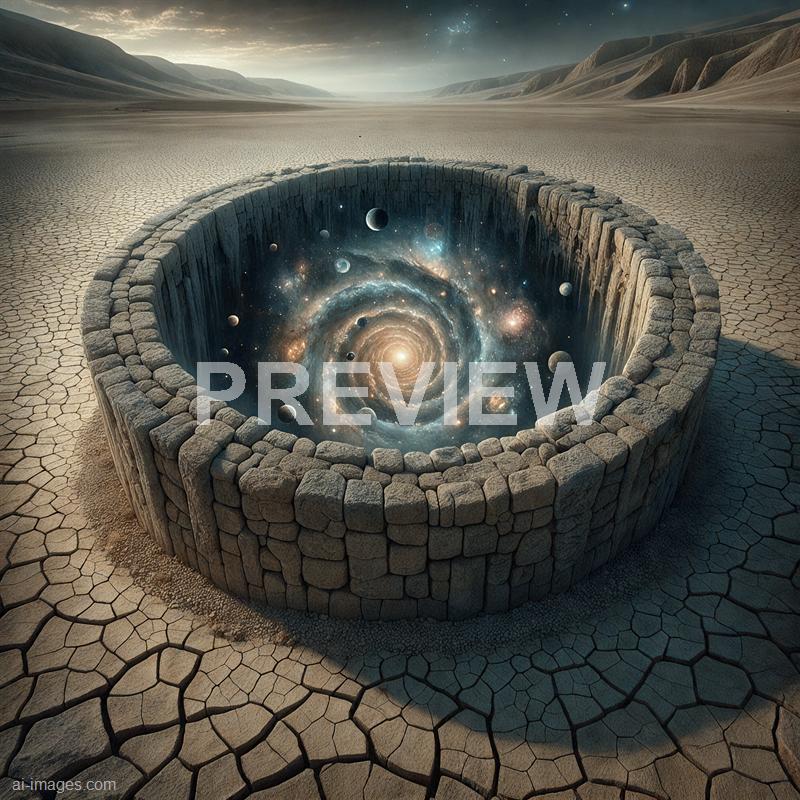 The image depicts a vast, barren, desert-like landscape with cracked, dry earth stretching out to distant mountains under a dark, cloudy sky. In the center, there is a circular well constructed from stone bricks, and within it, a swirling galaxy with stars, planets, and cosmic dust, giving the illusion of a portal to space. The scene blends natural desert terrain with a surreal, cosmic element, creating a fantastical and otherworldly atmosphere.